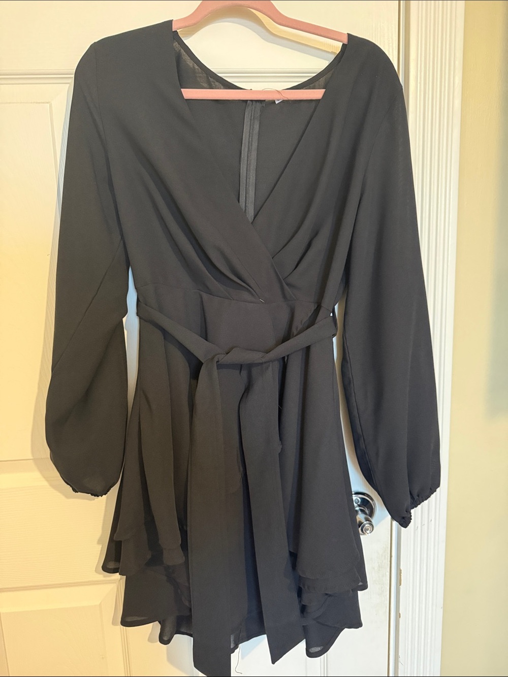 Black Long-Sleeve Wrap Mini Dress with Self Tie Waist